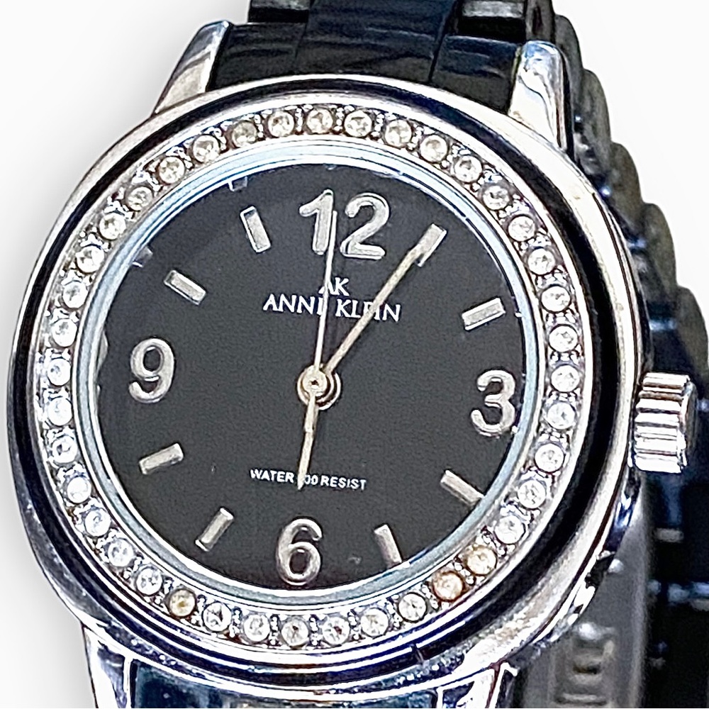 Anne Klein Stainless Back, Black Ceramic Bracelet Style Analog Watch w/ Crystals